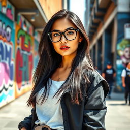 A fashionable young woman in a stylish urban outfit, standing confidently against a vibrant street art background