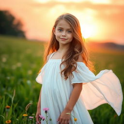 A beautiful girl standing in a lush green field, wearing a flowing white dress that gently sways in the breeze