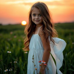 A beautiful girl standing in a lush green field, wearing a flowing white dress that gently sways in the breeze