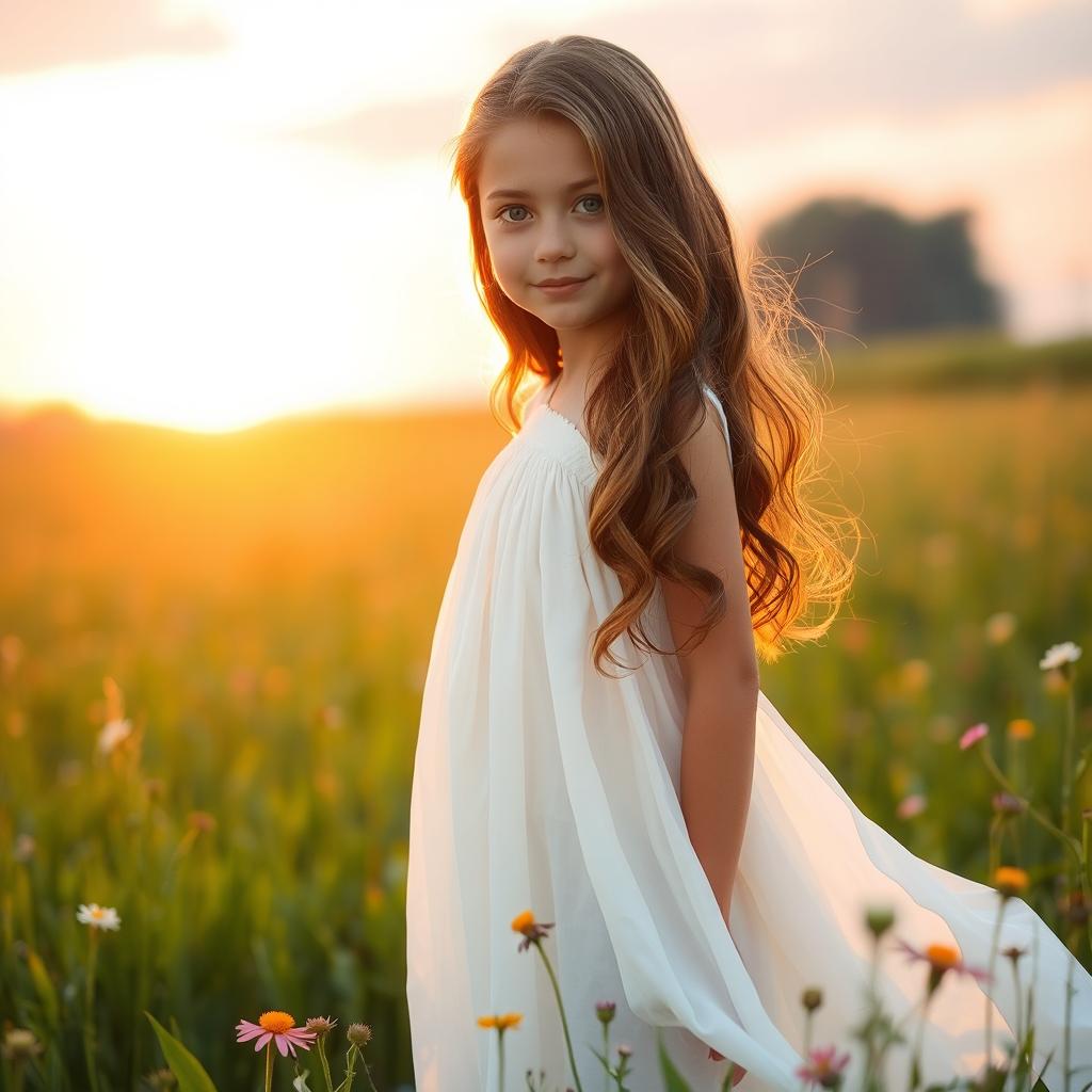 A beautiful girl standing in a lush green field, wearing a flowing white dress that gently sways in the breeze