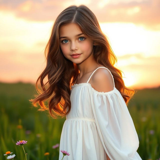 A beautiful girl standing in a lush green field, wearing a flowing white dress that gently sways in the breeze