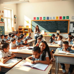 A vibrant classroom filled with diverse students around the age of 11, all engaged in various learning activities