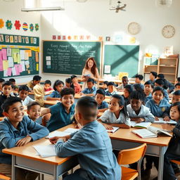 A vibrant classroom filled with diverse students around the age of 11, all engaged in various learning activities