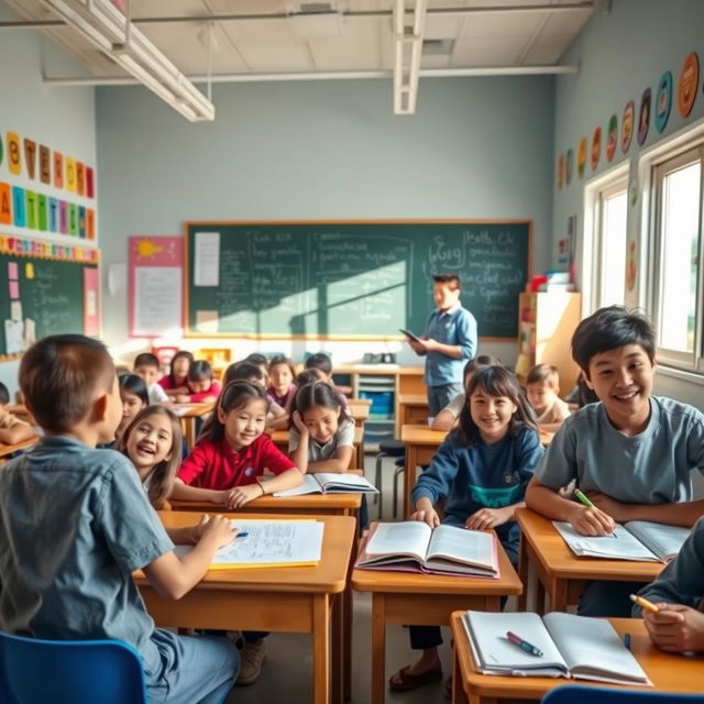 A vibrant classroom filled with diverse students around the age of 11, all engaged in various learning activities