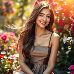 A beautiful young woman with long flowing hair, wearing a stylish dress, sitting in a sunlit garden surrounded by colorful flowers