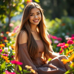 A beautiful young woman with long flowing hair, wearing a stylish dress, sitting in a sunlit garden surrounded by colorful flowers