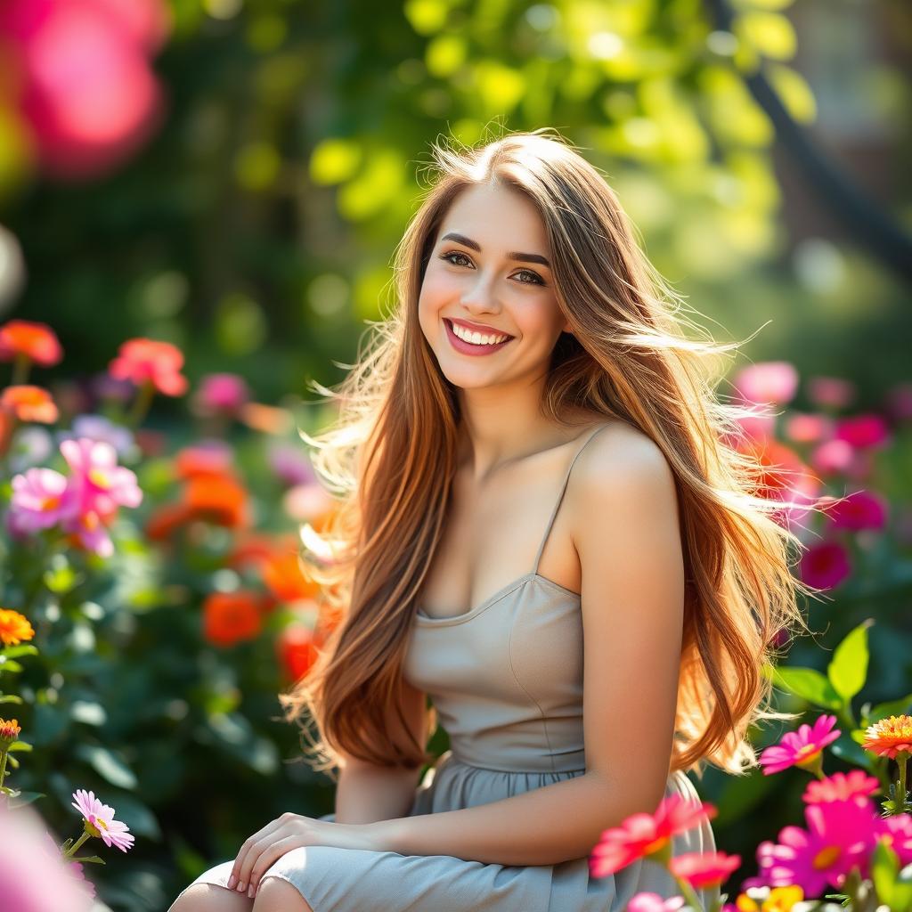 A beautiful young woman with long flowing hair, wearing a stylish dress, sitting in a sunlit garden surrounded by colorful flowers