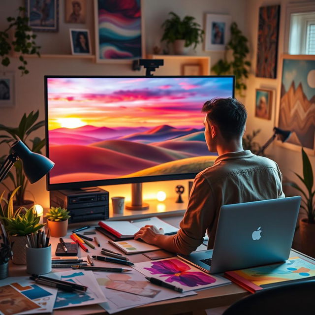 A beautiful background editing scene featuring a digital artist at work