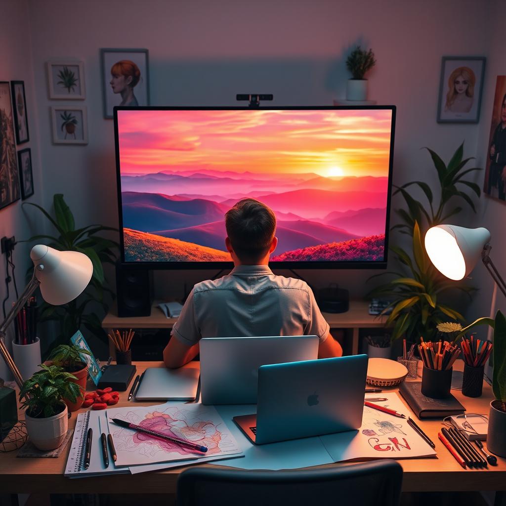 A beautiful background editing scene featuring a digital artist at work