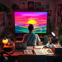 A beautiful background editing scene featuring a digital artist at work