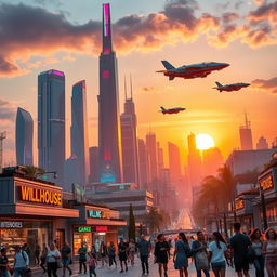 A futuristic city skyline during sunset, showcasing tall skyscrapers with vibrant neon lights, flying cars soaring through the sky, and people on hoverboards commuting