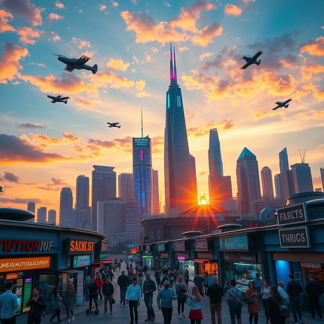 A futuristic city skyline during sunset, showcasing tall skyscrapers with vibrant neon lights, flying cars soaring through the sky, and people on hoverboards commuting