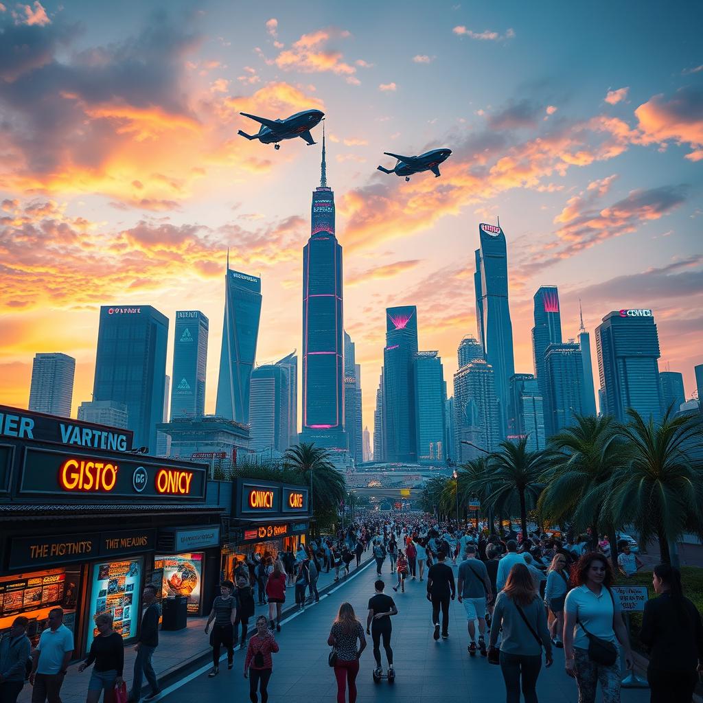 A futuristic city skyline during sunset, showcasing tall skyscrapers with vibrant neon lights, flying cars soaring through the sky, and people on hoverboards commuting