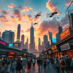 A futuristic city skyline during sunset, showcasing tall skyscrapers with vibrant neon lights, flying cars soaring through the sky, and people on hoverboards commuting