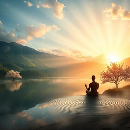 A serene and tranquil landscape representing spirituality and mental peace, featuring a calm lake reflecting a stunning sunset, surrounded by lush green mountains and delicate cherry blossom trees