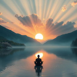 A serene and tranquil landscape representing spirituality and mental peace, featuring a calm lake reflecting a stunning sunset, surrounded by lush green mountains and delicate cherry blossom trees
