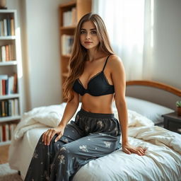 A young woman wearing a stylish black bra paired with long, comfortable night pajamas