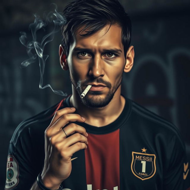 A close-up portrait of a masculine soccer player with short dark hair, resembling Lionel Messi, confidently smoking a cigarette