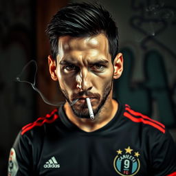 A close-up portrait of a masculine soccer player with short dark hair, resembling Lionel Messi, confidently smoking a cigarette