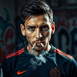 A close-up portrait of a masculine soccer player with short dark hair, resembling Lionel Messi, confidently smoking a cigarette