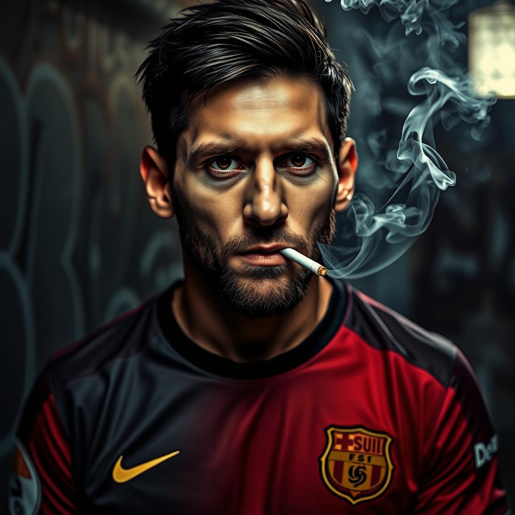 A close-up portrait of a masculine soccer player with short dark hair, resembling Lionel Messi, confidently smoking a cigarette