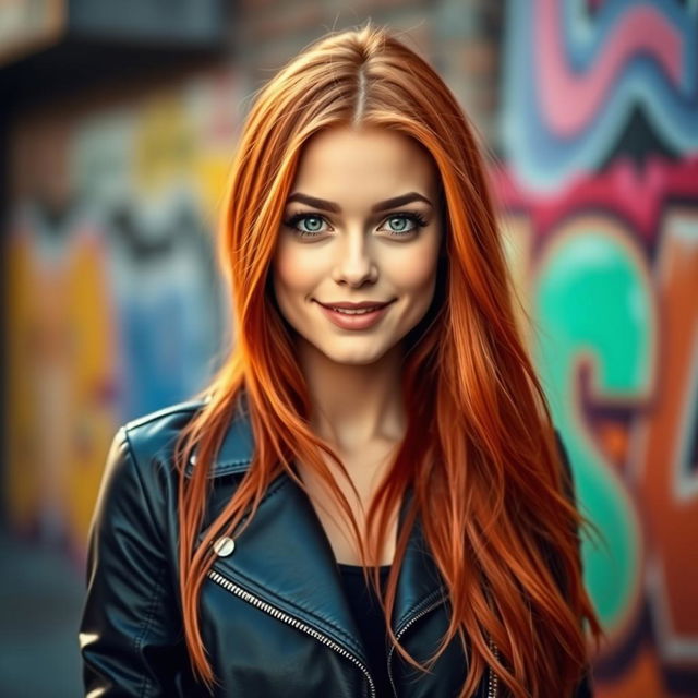 A captivating profile photo featuring a confident young woman with long flowing red hair, wearing a stylish black leather jacket