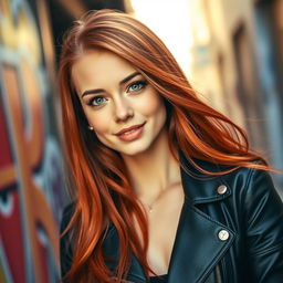 A captivating profile photo featuring a confident young woman with long flowing red hair, wearing a stylish black leather jacket