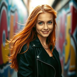A captivating profile photo featuring a confident young woman with long flowing red hair, wearing a stylish black leather jacket
