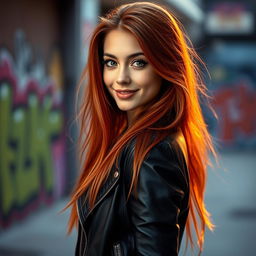 A captivating profile photo featuring a confident young woman with long flowing red hair, wearing a stylish black leather jacket