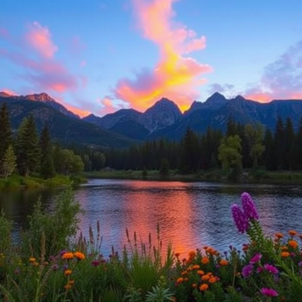 A scenic outdoor landscape during the golden hour, featuring a tranquil lake surrounded by lush green trees and colorful wildflowers