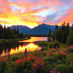 A scenic outdoor landscape during the golden hour, featuring a tranquil lake surrounded by lush green trees and colorful wildflowers