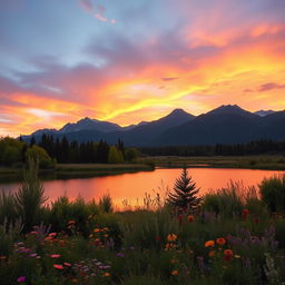 A scenic outdoor landscape during the golden hour, featuring a tranquil lake surrounded by lush green trees and colorful wildflowers