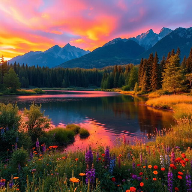 A scenic outdoor landscape during the golden hour, featuring a tranquil lake surrounded by lush green trees and colorful wildflowers