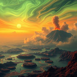 A stunning depiction of Earth during the Archean Era, showcasing a hazy atmosphere with vibrant, swirling clouds in shades of green and orange