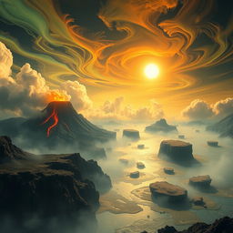 A stunning depiction of Earth during the Archean Era, showcasing a hazy atmosphere with vibrant, swirling clouds in shades of green and orange