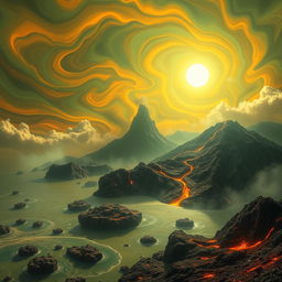 A stunning depiction of Earth during the Archean Era, showcasing a hazy atmosphere with vibrant, swirling clouds in shades of green and orange