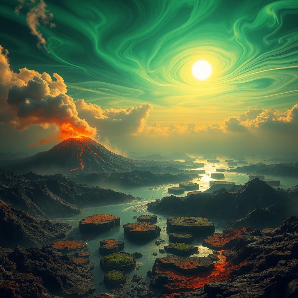 A stunning depiction of Earth during the Archean Era, showcasing a hazy atmosphere with vibrant, swirling clouds in shades of green and orange