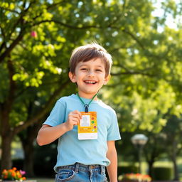 A young boy joyfully holding up a brightly colored ID card with a big smile on his face, standing in a park during a sunny day