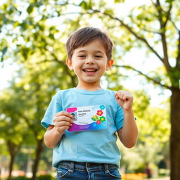 A young boy joyfully holding up a brightly colored ID card with a big smile on his face, standing in a park during a sunny day