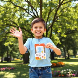 A young boy joyfully holding up a brightly colored ID card with a big smile on his face, standing in a park during a sunny day
