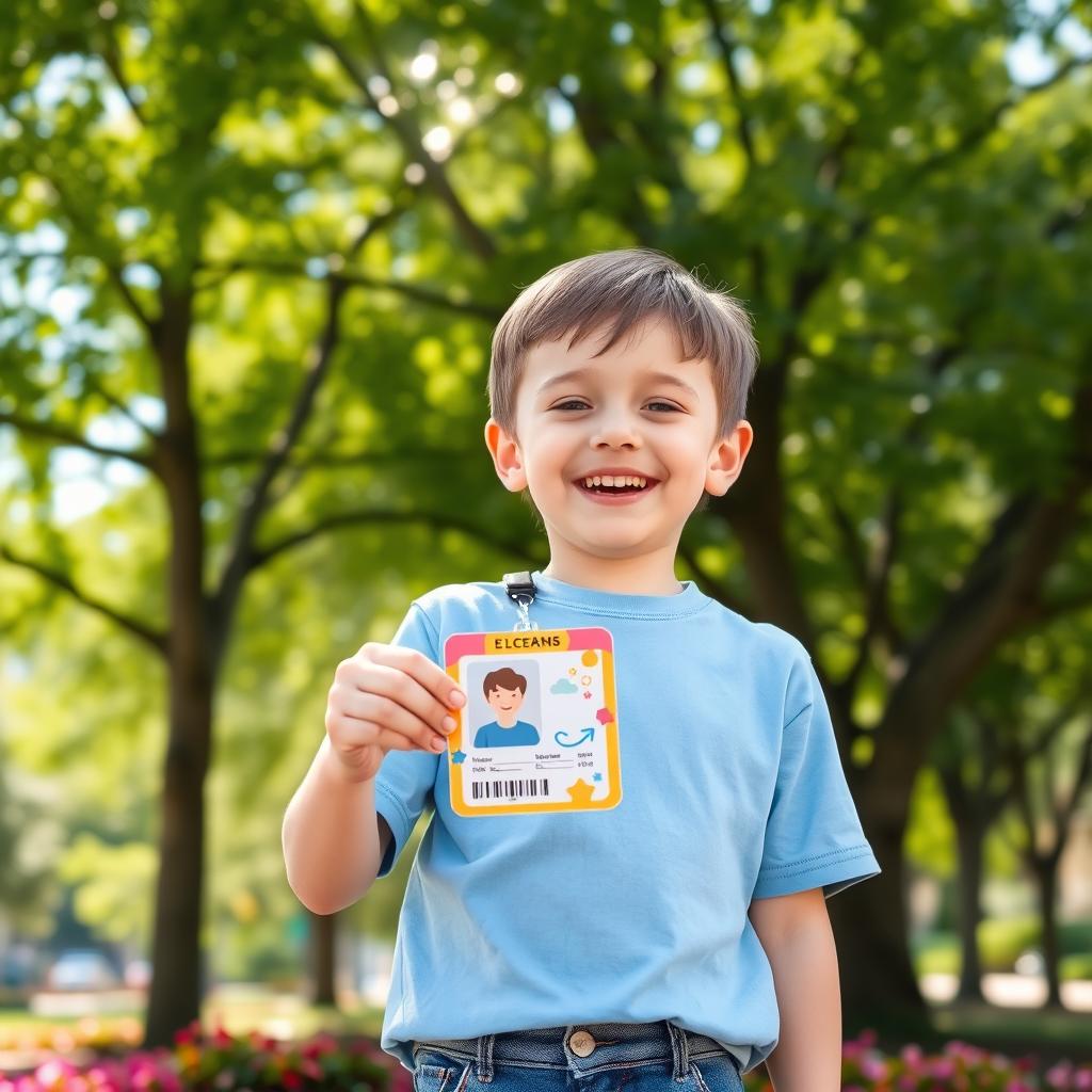 A young boy joyfully holding up a brightly colored ID card with a big smile on his face, standing in a park during a sunny day