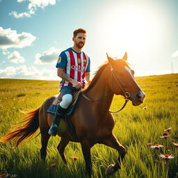 Lionel Messi, wearing a football jersey, is riding a majestic brown horse through a vibrant green meadow