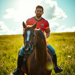 Lionel Messi, wearing a football jersey, is riding a majestic brown horse through a vibrant green meadow