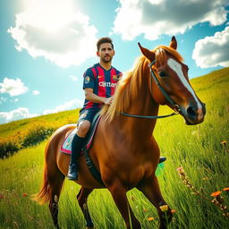 Lionel Messi, wearing a football jersey, is riding a majestic brown horse through a vibrant green meadow
