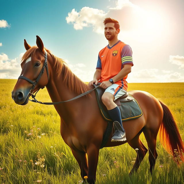 Lionel Messi, wearing a football jersey, is riding a majestic brown horse through a vibrant green meadow