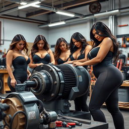 A group of exceptionally attractive women with voluptuous figures, featuring prominent curves in their bust and hips, intently working on a large electric motor in a modern workshop