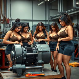 A group of exceptionally attractive women with voluptuous figures, featuring prominent curves in their bust and hips, intently working on a large electric motor in a modern workshop