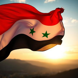 A stunning representation of the Syrian flag, beautifully waving in a gentle breeze