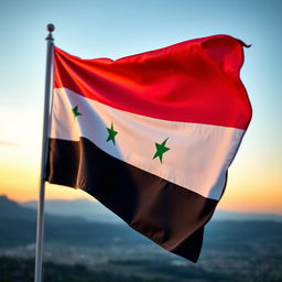 A stunning representation of the Syrian flag, beautifully waving in a gentle breeze