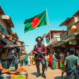 A visually rich and satirical scene set in a bustling marketplace where extreme secularist militants are humorously depicted